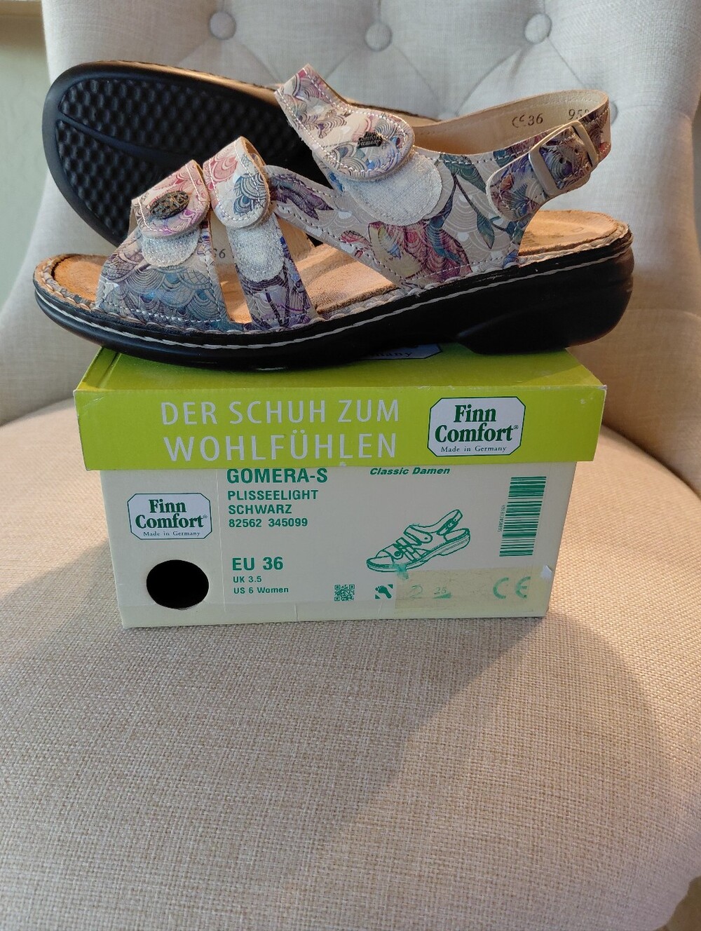 Finn Comfort Beige Floral Patterned Leather Sandals US Size 5.5 - 6.